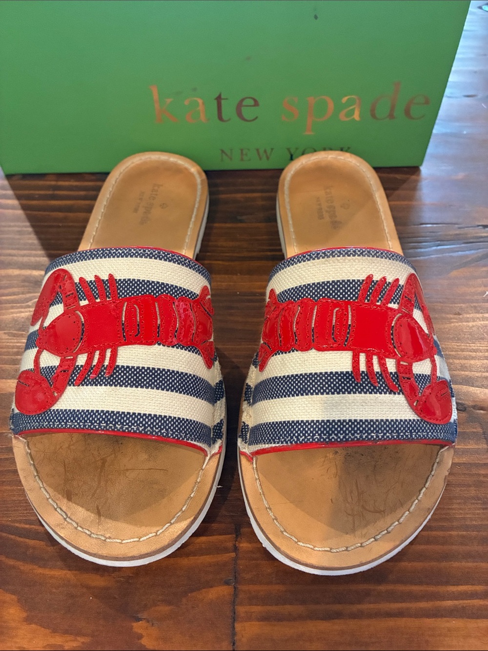 kate spade Navy & White Stripe Slides with Red Lobster Appliqué - Picture 1 of 5